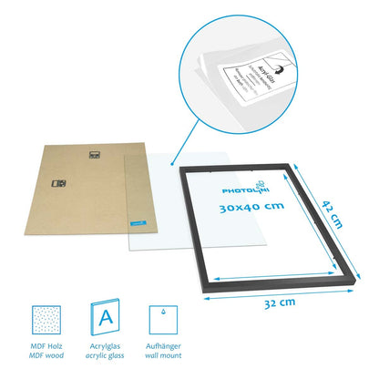 PHOTOLINI black picture frame set various sizes, 14 black wood MDF picture frames with acrylic glass, hanging picture frame set with accessories for photos & posters.