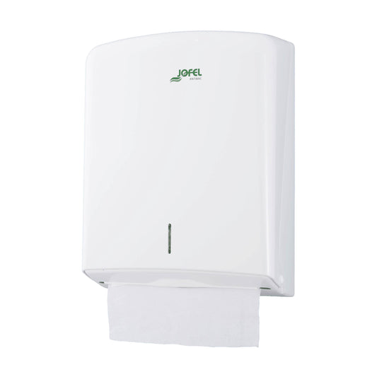 Jofel - Towel dispenser, facial towel, wall towel dispenser, up to 600 zig-zag towels, Hygienic, High-quality ABS housing, Azure AH33700, White.