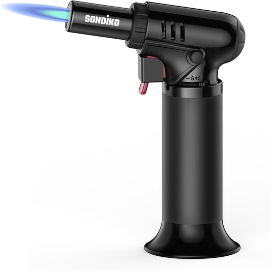 Sondiko Flambé Torch with Fuel Gauge S907, Refillable Bunsen Burner for Kitchen, Pastry, Desserts, Camping (Butane not included)