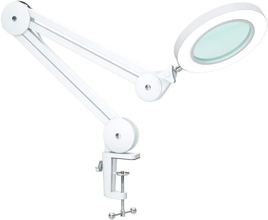Beyamz LED magnifying lamp, 5 diopter magnifier with light - with clamp, swing arm, dimmable, 3 color modes, 105mm glass lens - magnifier for reading, crafting - 5x magnification