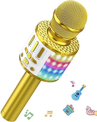 Microphone Karaoke for 3-15 years old, Portable Bluetooth handheld microphone with LED light, Bluetooth Karaoke for kids and adults, girls boys gifts, Home KTV Compatible Android IOS PC -Gold