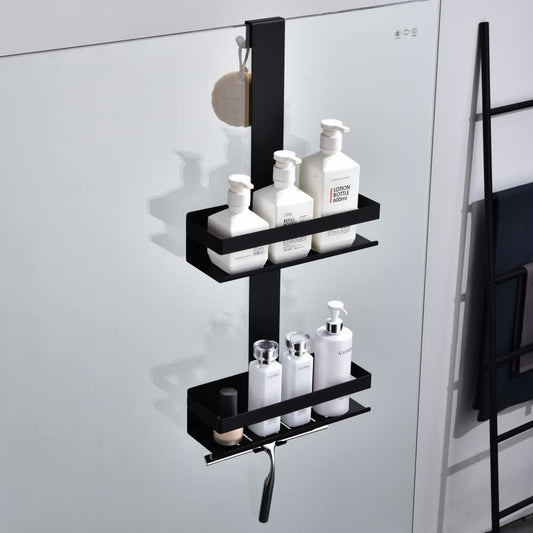 HomeHeng hanging shower caddy, 2-tier shower shelf in matte black, SUS304 stainless steel double shower basket with hooks for glass shower enclosure, H30MB-2DH