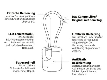 Campo Libre.® LENI I Camping Lantern I versatile outdoor light for hanging, standing, and mounting I dimmable camping light I rechargeable I balcony light, camping lantern, table lamp, square Grey