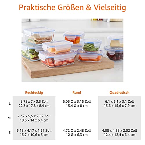 Amazon Basics leak-proof glass containers with locking lids, 20-piece set including 10 containers and 10 plastic lids, transparent, blue, BPA-free.