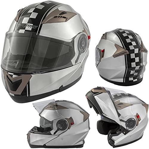 A-Pro Motorcycle Helmet Flip-Up Helmet Dual Visor Graphic Touring Approved ECE 22 Silver XL