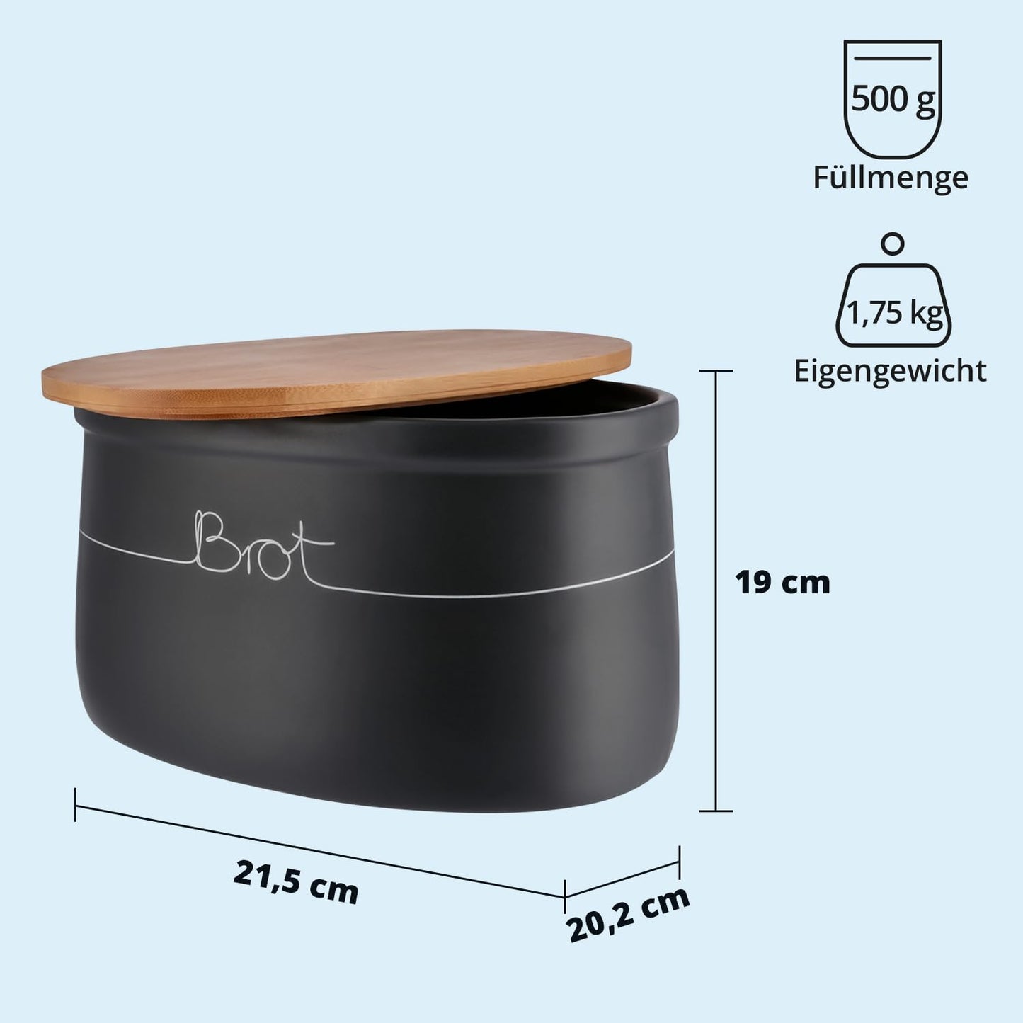 KHG Bread box large ceramic stoneware gray charcoal, wooden lid bamboo as cutting board, bread storage with matte & polished surface with labeling & ventilation holes