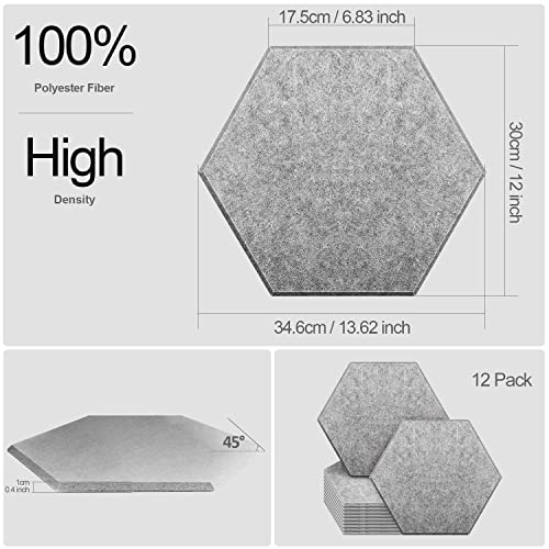 JBER Hexagonal Acoustic Panels, Soundproof Interior, Sound Absorbing Panels, 35.6 x 30 x 1cm Angled Edge High Density Wall Tiles, for Acoustic Treatment, (12 Pieces Grey)