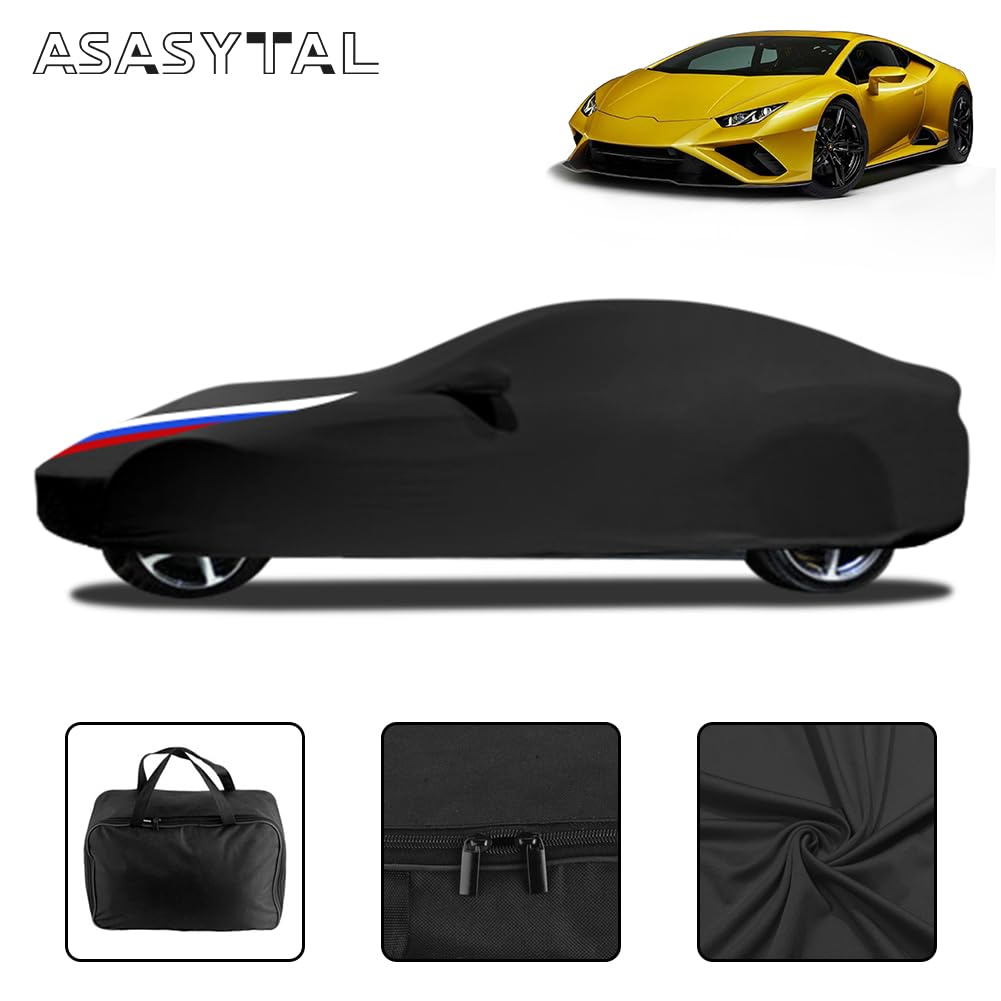 Asasytal indoor car cover, full protection for sports cars, elastic fabric, dustproof and breathable for underground garage, car exhibition/show, 4.5~4.85 meters, black with pattern.