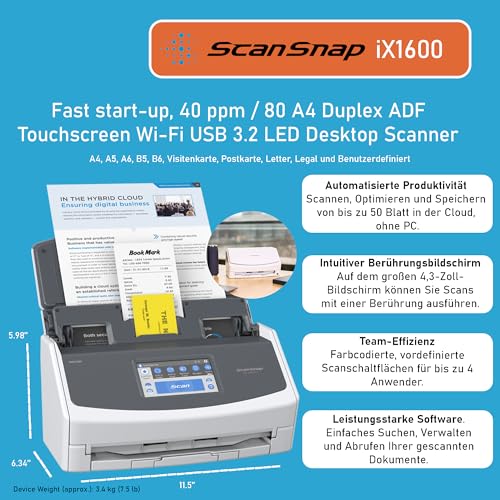 iX1600 ScanSnap Scanner (White) - A4, A5, A6, B5, B6, business card, postcard, letter, legal, and custom sizes, duplex, Wi-Fi, USB3.2, (40 pages/80 images/min) with ADF, White, ADF, 40 ppm