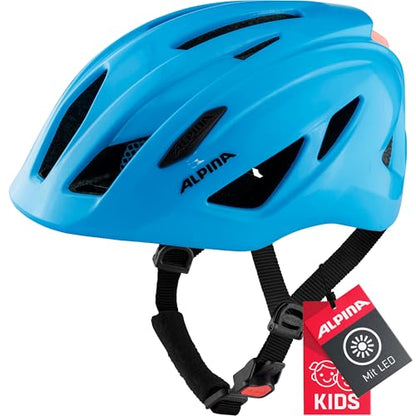 ALPINA PICO Flash - Illuminated, Lightweight & Impact-Resistant Bike Helmet with Insect Net for Kids, neon Blue Gloss, 50-55 cm
