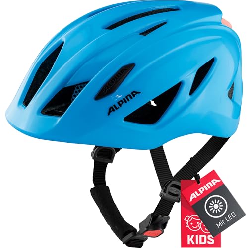 ALPINA PICO Flash - Illuminated, Lightweight & Impact-Resistant Bike Helmet with Insect Net for Kids, neon Blue Gloss, 50-55 cm