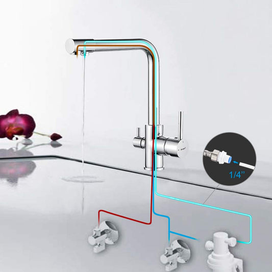3-way kitchen faucet (drinking water tap with 360° swivel, dual lever, 3-in-1 function for water filter, hot and cold water outlet, high pressure, with 3 hoses 50 cm) stainless steel chrome