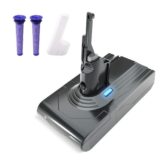 State-of-the-art 21.6V, 4500mAh Li-ion battery replacement for Dyson V8 SV10 vacuum cleaners. Compatible with Dyson V8 Absolute, Fluffy, Animal SV10 models. Comes with 2 filters.