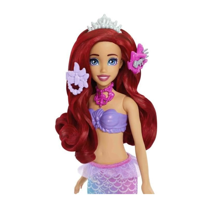 Mattel Disney Princess toys, Makeup Shell Mermaid Ariel Fashion Doll with removable tail fin, Vanity with 5 repeatable pop-up surprises and 5 accessories, JBF86