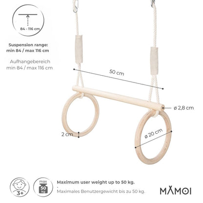 MAMOI® Trapeze swing, wooden gymnastic rings, kids' indoor and outdoor exercise equipment, ring swing, wooden swing gymnastics, gymnastic rings and trapeze bar.