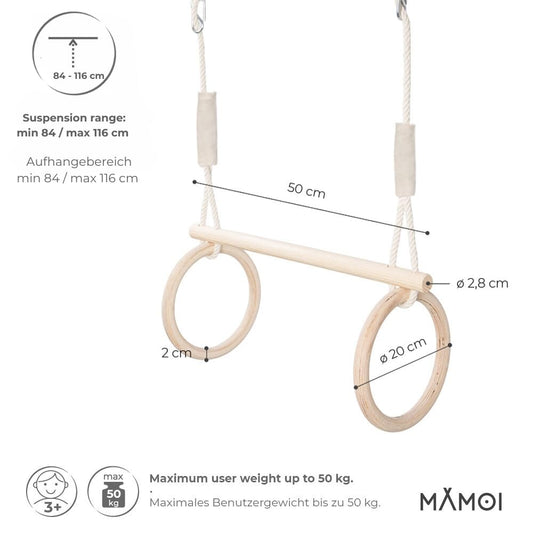 MAMOI® Trapeze swing, wooden gymnastic rings, kids' indoor and outdoor exercise equipment, ring swing, wooden swing gymnastics, gymnastic rings and trapeze bar.