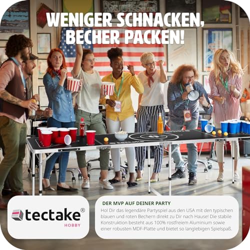 tectake® Beer Pong Table, includes 100 cups (50 red & 50 blue) and 6 balls, adjustable height, foldable table with carry handles, adult party games, drinking game