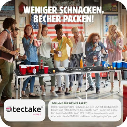 tectake® Beer Pong Table, includes 100 cups (50 red & 50 blue) and 6 balls, adjustable height, foldable table with carry handles, adult party games, drinking game