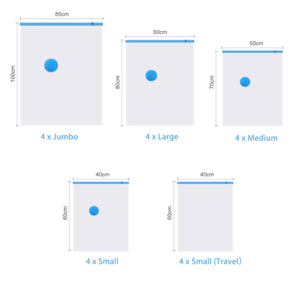 Vacuum storage bags for clothing and comforters, 20 pieces in 5 sizes (100x80, 80x60, 70x50, 60x40, and 60x40cm for travel) with a vacuum hand pump.