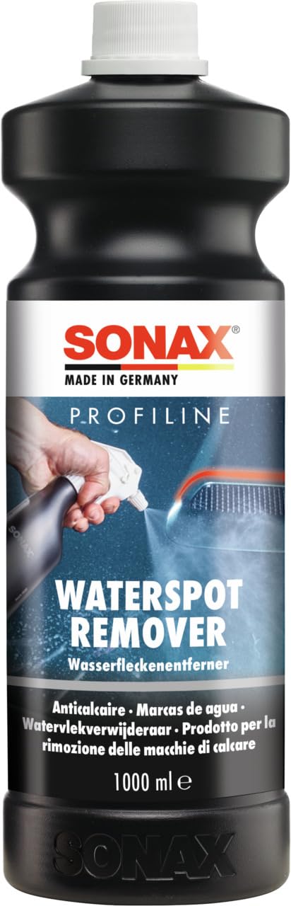 SONAX PROFILINE Waterspot Remover (1 Liter) is a water spot remover for dried lime/water spots on all exterior vehicle surfaces, Item No. 02753000.