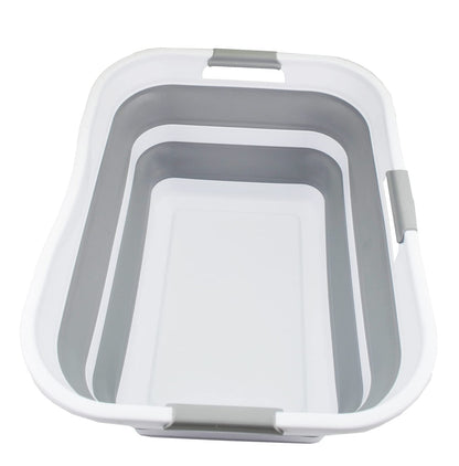 SAMMART 42L collapsible plastic laundry basket - foldable pop-up storage container/organizer - portable washing tub - space-saving basket/bin (White/Grey)