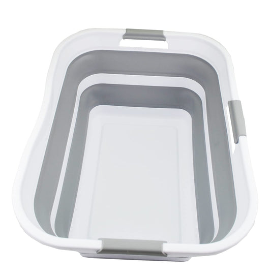 SAMMART 42L collapsible plastic laundry basket - foldable pop-up storage container/organizer - portable washing tub - space-saving basket/bin (White/Grey)