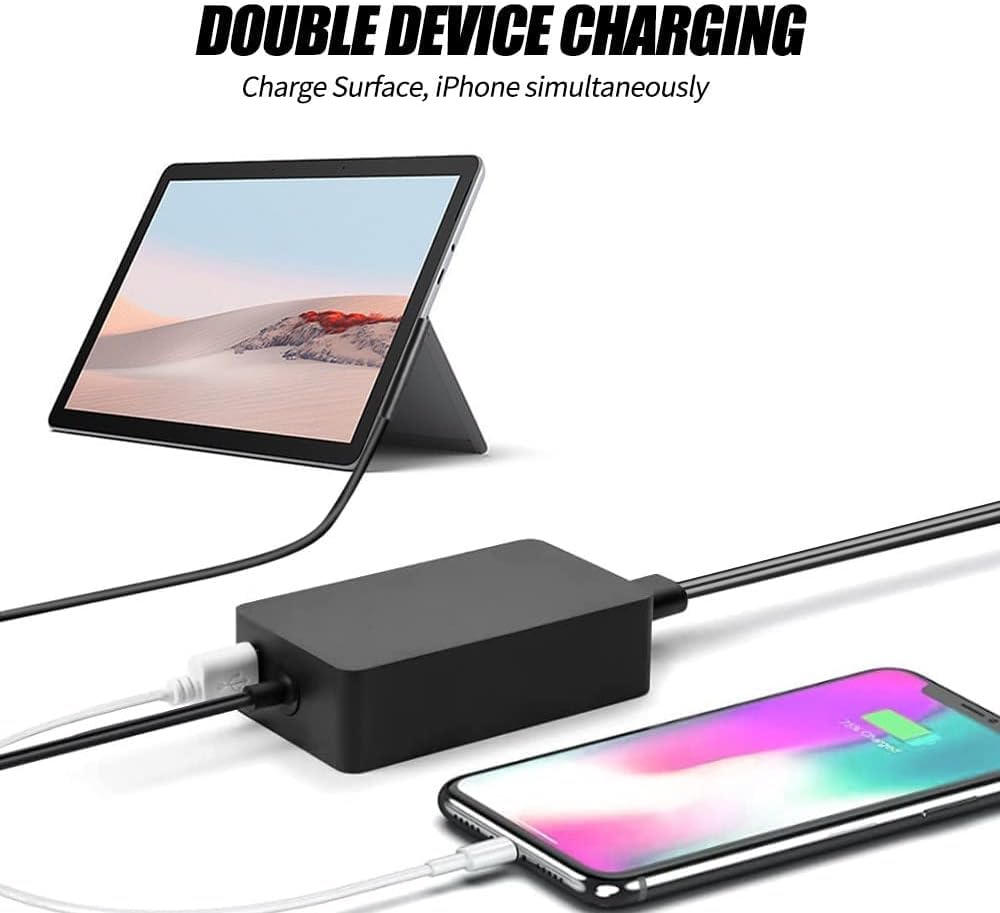 65W Surface Power Adapter Charger Cable for Microsoft Surface Pro 10 9 8 7 6 5 4 3 Surface 7 6 5 4 3 2 1 Surface Book 3 2 1 Surface Go 4 3/2/1 Tablet Surface Laptop Studio/Go with USB port.