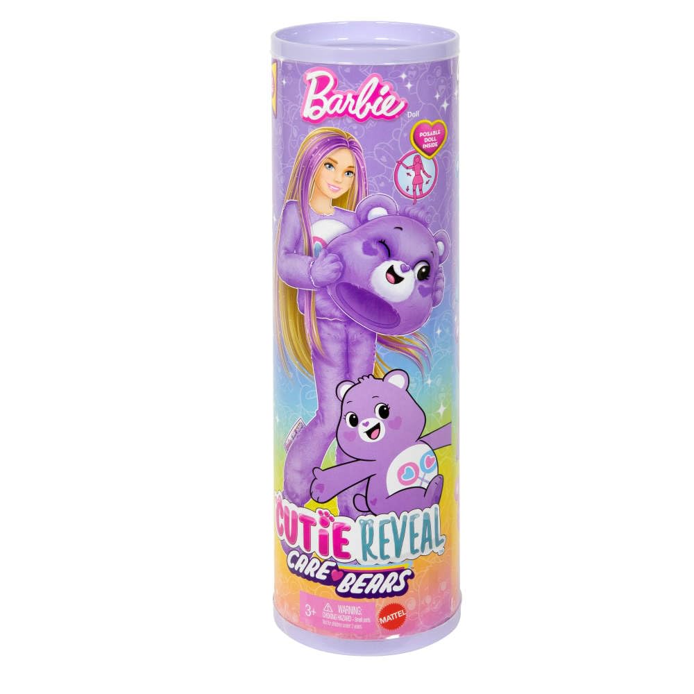 Barbie doll with accessories, Care Bears collection, fashion doll in fuzzy Care Bears costume with 10 surprises, including color change and mini Care Bear, JCN94.