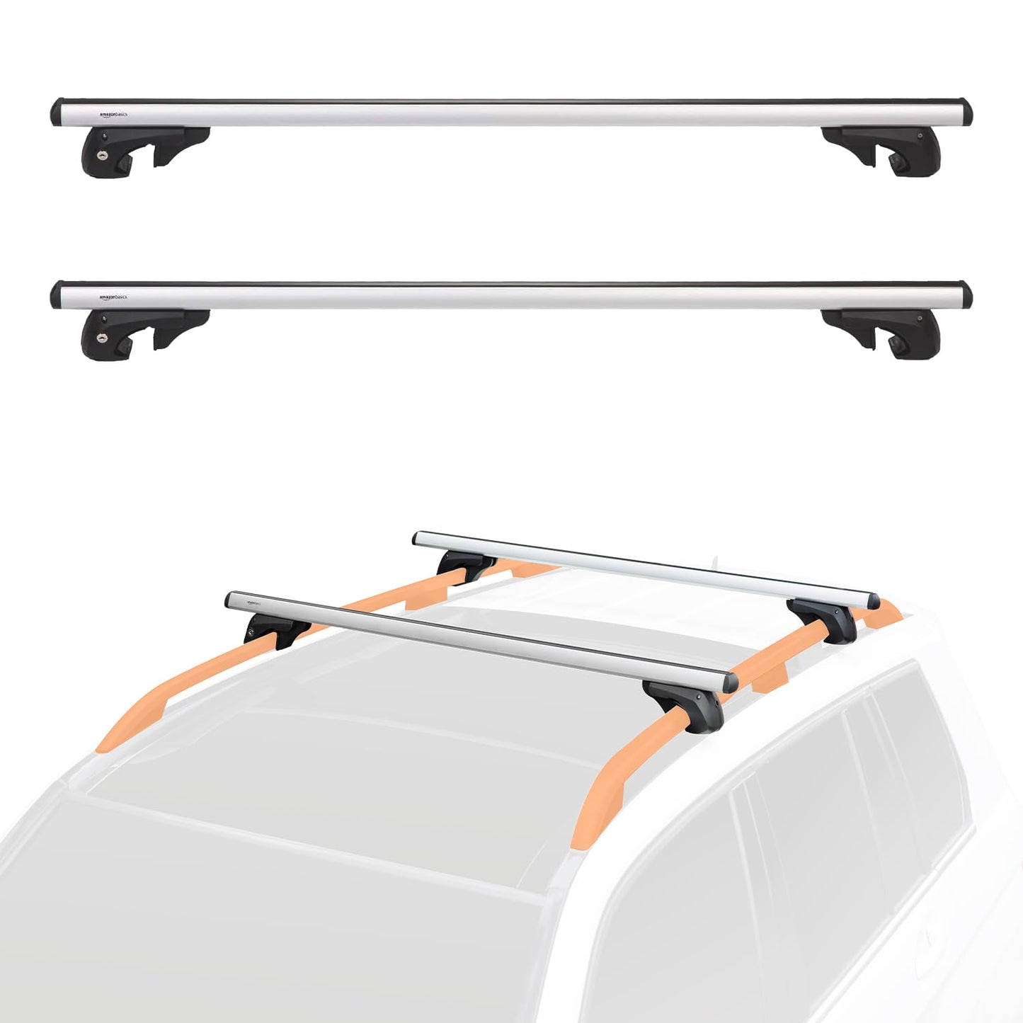 Amazon Basics Roof Rack with Cross Bars, 132 cm, for spans up to 117 cm between raised side rails with gap, 2-pack, Black/Silver