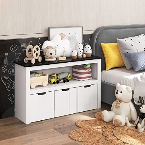 DREAMADE Kids Bookshelf Toy Cabinet with 3 Drawers on Wheels, Toy Storage for Kids, Toy Organizer Toy Shelf for Children's Room Living Room, 102x33x62cm (Black Top)