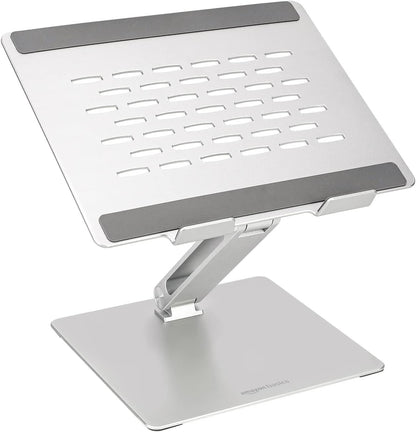 Amazon Basics Adjustable Ergonomic Laptop Stand with Heat Dissipation, continuous height and angle adjustment, ideal for laptops up to 17.3 inches, 27.9 x 23 x 5.6 cm, Silver