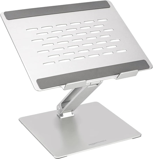 Amazon Basics Adjustable Ergonomic Laptop Stand with Heat Dissipation, continuous height and angle adjustment, ideal for laptops up to 17.3 inches, 27.9 x 23 x 5.6 cm, Silver
