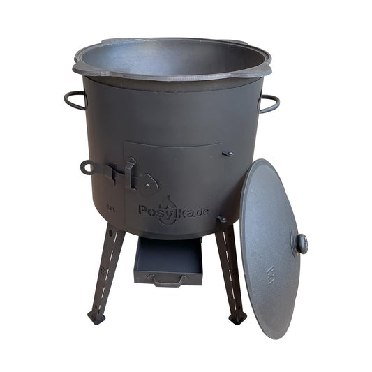 Utschak fire oven with cast iron pot flat bottom with lid 12 L Ø 40 cm Kazan skimmer for Plov 48 cm, ladle for Plov 48 cm, deep skimmer for Plov 48 cm, wooden spatula (Set of 5)