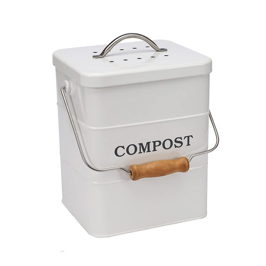 Morezi 6L Kitchen Compost Bin - Includes activated charcoal filters, compost bin with lid and handle for sorting kitchen waste - White