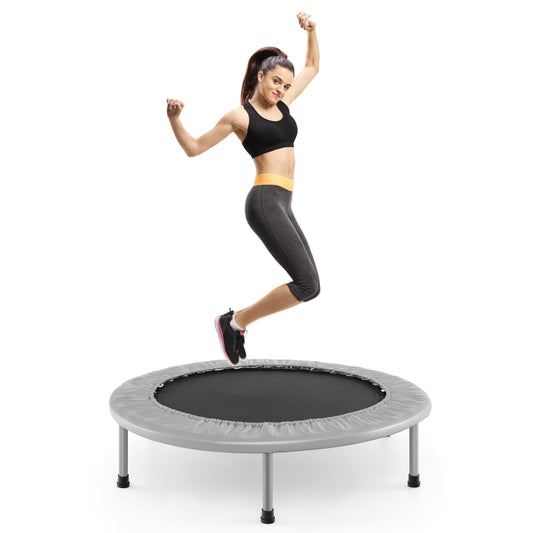 COSTWAY 97cm Mini Trampoline, foldable fitness trampoline for kids and adults up to 150kg, suitable for indoor and outdoor use. Available in grey.