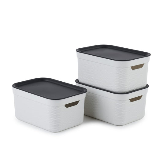 Jive storage box set of 3 with lid, made of recycled plastic (PP), white/anthracite, 3x5L (26.5 x 18.5 x 13.2 cm)