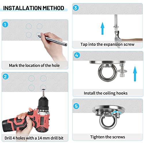 SWAWIS Heavy Duty Ceiling Hook for Hanging Chairs, Swivel Hook for 360° Rotation with a Weight Capacity of up to 500kg. Made of 304 Stainless Steel, suitable for wooden beams, punching bag mounts, and hammocks.