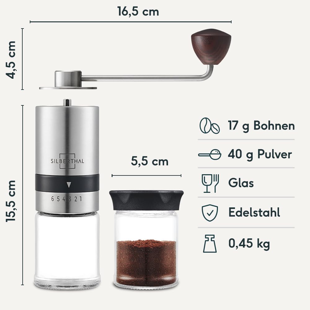 SILBERTHAL Manual Coffee Grinder with Stainless Steel Conical Burr - Stepless precise grind settings - Stainless steel and glass hand mill - Ideal for on the go, camping, vacation.