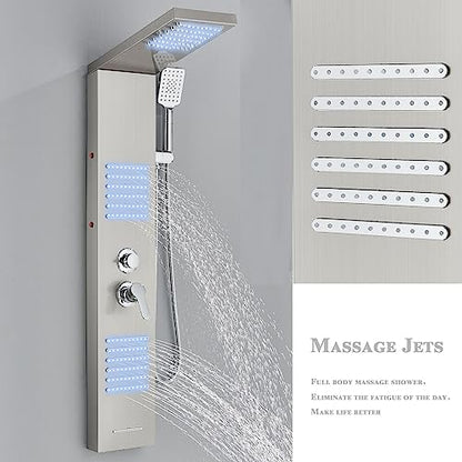 Shower panel with faucet, rain shower, bathtub faucet, shower column, shower system, shower set, brushed nickel LED stainless steel 304 with 4 shower functions.