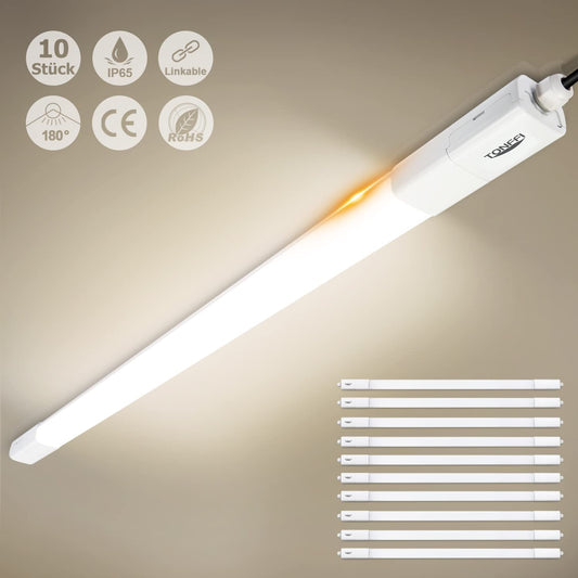 TONFFI 10 piece moisture-proof LED light 115cm 36W LED tube, IP65 waterproof linkable moisture-proof lamp workshop lamp cellar lamp garage lamp ceiling light for bathroom office warehouse, neutral white 4000K
