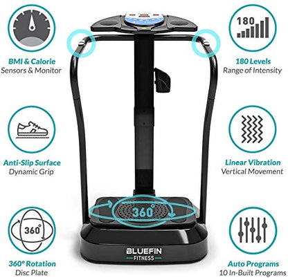 Bluefin Fitness Vibration Plate Pro Model | Enhanced design with quiet motors and built-in speakers, Black