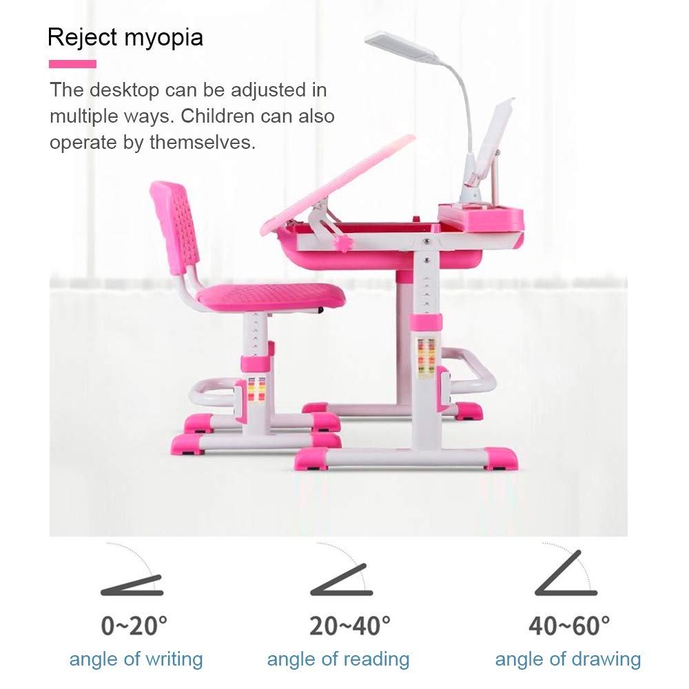 Yinleader Kids Desk Chair Set, Adjustable Multifunctional Desk and Chair, ergonomic Pink Student Desk with Lamp and Bookstand Best Desk (Pink)