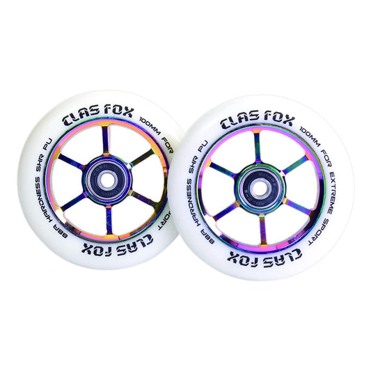 CLAS FOX Pro Stunt Scooter Wheels 100mm One Pair with ABEC-9 Bearings CNC Metal Core Graviti (2 pieces) (White-Rainbow)