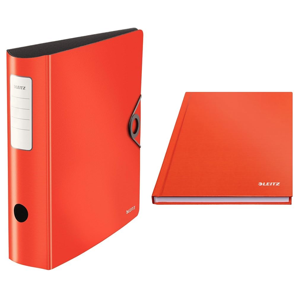 Leitz Set Quality Folders 180° Active Solid A4 + A5 squared notebook, folders with rounded spine 8.2 cm wide, elastic closure, notebook with 160 pages, 80 sheets, Red, 10471020 + 46660020