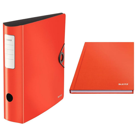 Leitz Set Quality Folders 180° Active Solid A4 + A5 squared notebook, folders with rounded spine 8.2 cm wide, elastic closure, notebook with 160 pages, 80 sheets, Red, 10471020 + 46660020