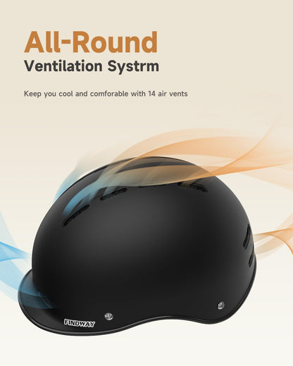 Findway bike helmet for men and women, ideal for city commuting. Provides protection for road cycling, skating, and e-biking with 14 ventilation channels. Adjustable city helmet for a comfortable fit.