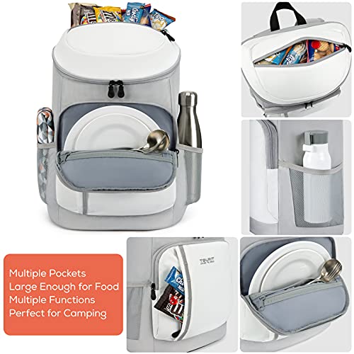 Tourit cooler backpack for 30 cans, lightweight, insulated, leakproof, soft cooler bag, large capacity, men and women, picnics, camping, hiking, beach, park, or day trips, light gray white.