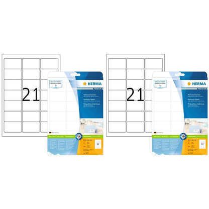 Address labels, 25 sheets, 63.5 x 38.1 mm, 21 labels per A4 sheet, 525 stickers, self-adhesive, printable, matte, blank paper address labels, white (pack of 2)