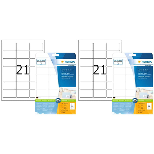 Address labels, 25 sheets, 63.5 x 38.1 mm, 21 labels per A4 sheet, 525 stickers, self-adhesive, printable, matte, blank paper address labels, white (pack of 2)