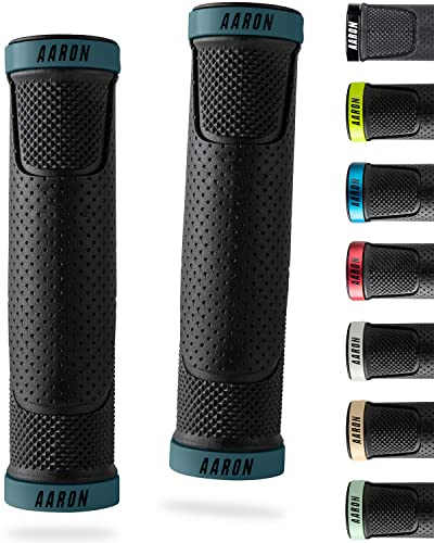 AARON MTB bicycle grips, sporty handlebar grips made of non-slip rubber, Gray Blue Lock-On Gel grips with handlebar end caps for mountain bike, trekking bike, e-bike, crossbike, fixie and more.